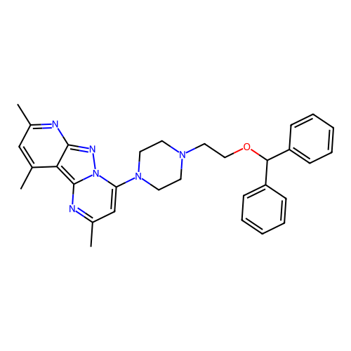 1-(diphenylmethoxy)-2-[4-(2,8,10-trimethyl(5-hydropyrimidino[1',2'-1,5]pyrazol o[3,4-b]pyridin-4-yl))piperazinyl]ethane structure