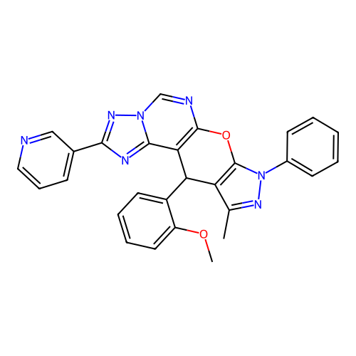 11-(2-methoxyphenyl)-10-methyl-8-phenyl-2-(pyridin-3-yl)-8,11-dihydropyrazolo[4',3':5,6]pyrano[3,2-e][1,2,4]triazolo[1,5-c]pyrimidine structure