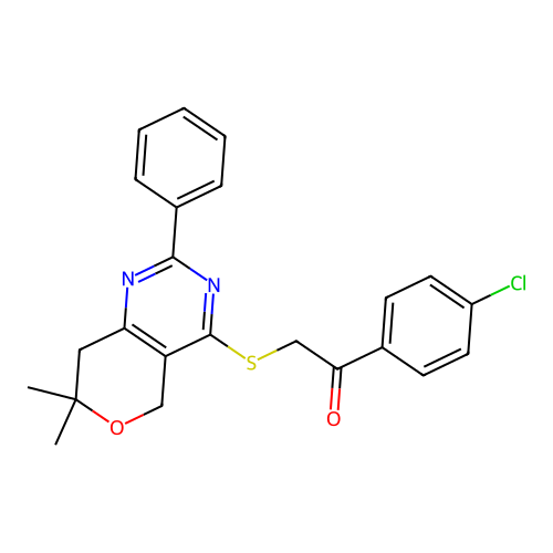 1-(4-chlorophenyl)-2-((7,7-dimethyl-2-phenyl-7,8-dihydro-5H-pyrano[4,3-d]pyrimidin-4-yl)thio)ethanone structure