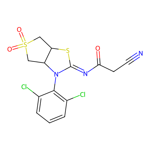2-cyano-N-[3-(2,6-dichlorophenyl)-5,5-dioxo-3a,4,6,6a-tetrahydrothieno[3,4-d][1,3]thiazol-2-ylidene]acetamide structure