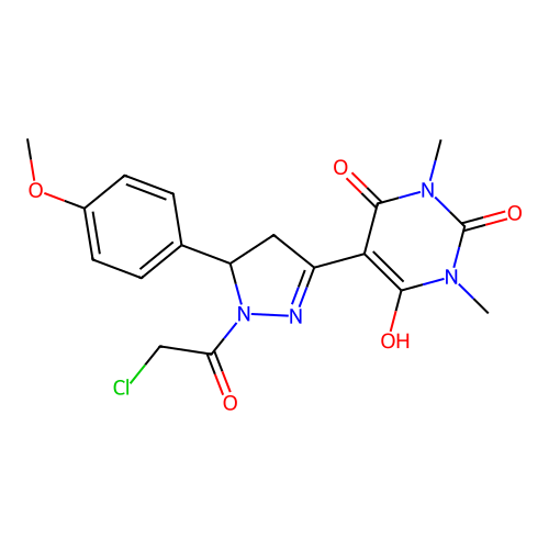 5-(1-(2-chloroacetyl)-5-(4-methoxyphenyl)pyrazolidin-3-ylidene)-1,3-dimethylpyrimidine-2,4,6(1H,3H,5H)-trione structure