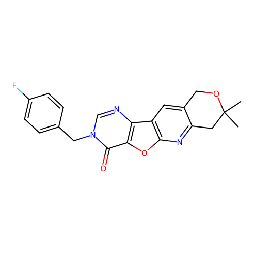 3-(4-fluorobenzyl)-8,8-dimethyl-7,10-dihydro-8H-pyrano[3'',4'':5',6']pyrido[3',2':4,5]furo[3,2-d]pyrimidin-4(3H)-one structure