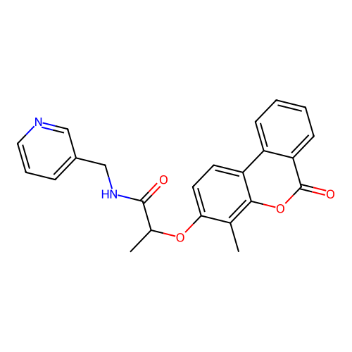 2-((4-methyl-6-oxo-6H-benzo[c]chromen-3-yl)oxy)-N-(pyridin-3-ylmethyl)propanamide structure