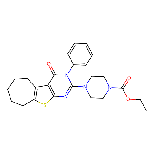 ethyl 4-(4-oxo-3-phenyl-3,5,6,7,8,9-hexahydro-4H-cyclohepta[4,5]thieno[2,3-d]pyrimidin-2-yl)piperazine-1-carboxylate structure