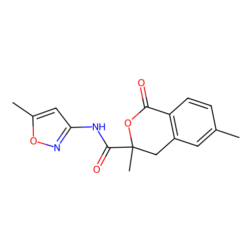 3,6-dimethyl-N-(5-methylisoxazol-3-yl)-1-oxoisochroman-3-carboxamide structure