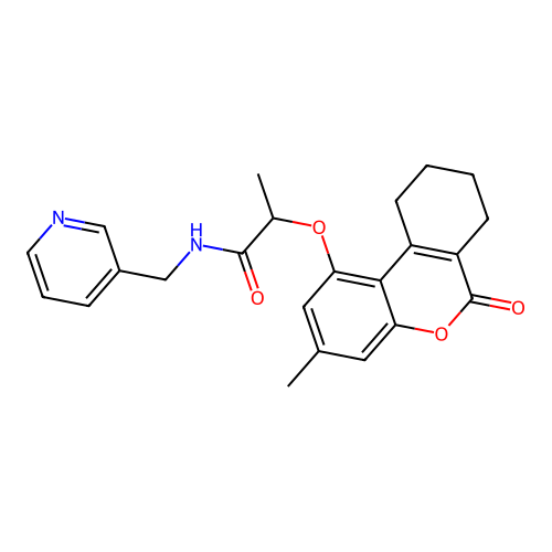 2-((3-methyl-6-oxo-7,8,9,10-tetrahydro-6H-benzo[c]chromen-1-yl)oxy)-N-(pyridin-3-ylmethyl)propanamide structure