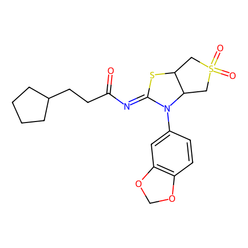N-[(2Z)-3-(1,3-benzodioxol-5-yl)-5,5-dioxidotetrahydrothieno[3,4-d][1,3]thiazol-2(3H)-ylidene]-3-cyclopentylpropanamide structure