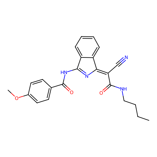 (Z)-N-(1-(2-(butylamino)-1-cyano-2-oxoethylidene)-1H-isoindol-3-yl)-4-methoxybenzamide structure