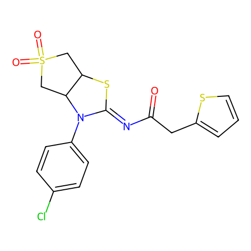 (Z)-N-(3-(4-chlorophenyl)-5,5-dioxidotetrahydrothieno[3,4-d]thiazol-2(3H)-ylidene)-2-(thiophen-2-yl)acetamide structure