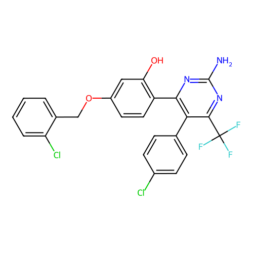 (6Z)-6-[2-amino-5-(4-chlorophenyl)-6-(trifluoromethyl)-1H-pyrimidin-4-ylidene]-3-[(2-chlorophenyl)methoxy]cyclohexa-2,4-dien-1-one structure