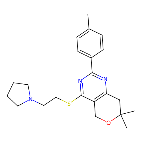 7,7-dimethyl-2-(4-methylphenyl)-4-(2-pyrrolidin-1-ylethylsulfanyl)-5,8-dihydropyrano[4,3-d]pyrimidine structure
