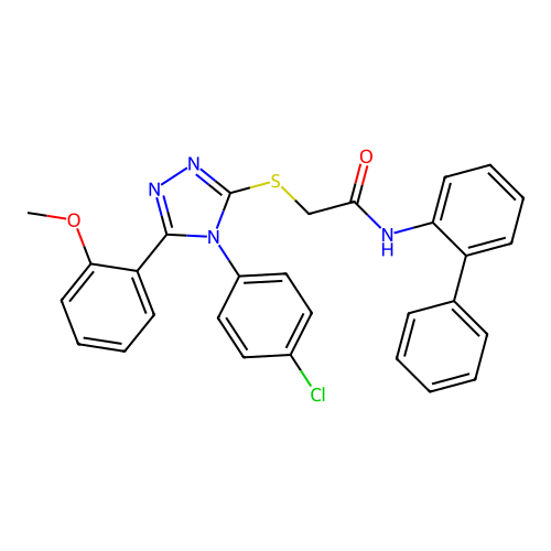 2-[[4-(4-chlorophenyl)-5-(2-methoxyphenyl)-1,2,4-triazol-3-yl]sulfanyl]-N-(2-phenylphenyl)acetamide structure