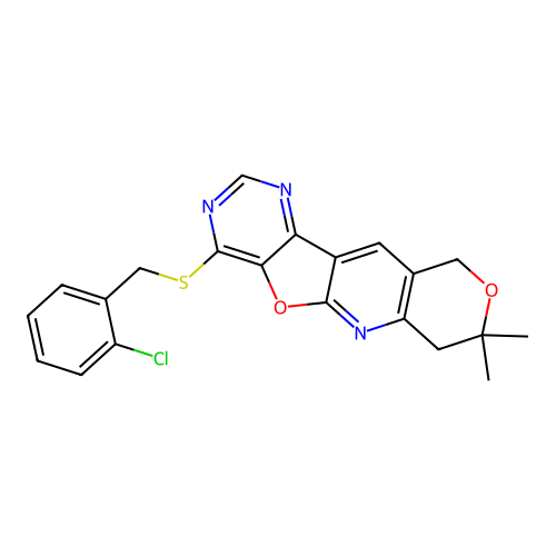 2-CHLOROBENZYL (8,8-DIMETHYL-7,10-DIHYDRO-8H-PYRANO[3'',4'':5',6']PYRIDO[3',2':4,5]FURO[3,2-D]PYRIMIDIN-4-YL) SULFIDE structure