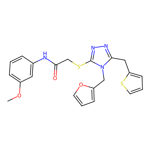 2-((4-(furan-2-ylmethyl)-5-(thiophen-2-ylmethyl)-4H-1,2,4-triazol-3-yl)thio)-N-(3-methoxyphenyl)acetamide structure