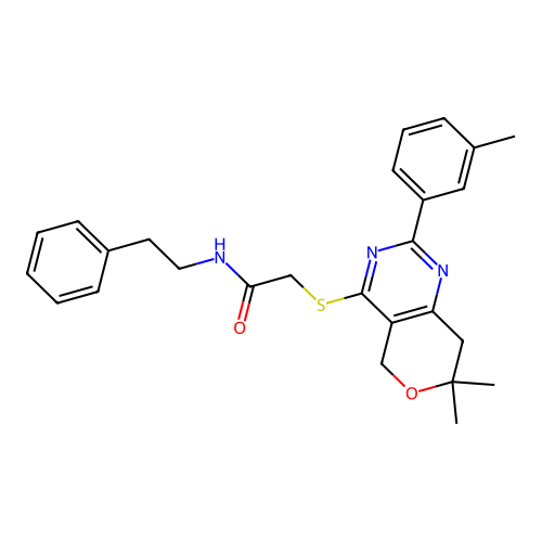 2-((7,7-dimethyl-2-(m-tolyl)-7,8-dihydro-5H-pyrano[4,3-d]pyrimidin-4-yl)thio)-N-phenethylacetamide structure