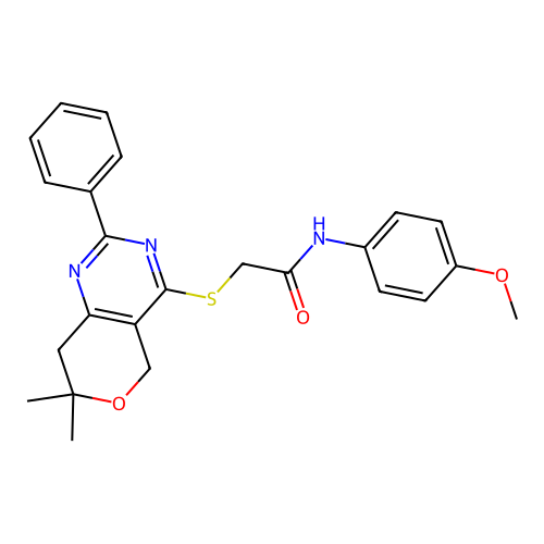 2-((7,7-dimethyl-2-phenyl-7,8-dihydro-5H-pyrano[4,3-d]pyrimidin-4-yl)thio)-N-(4-methoxyphenyl)acetamide structure