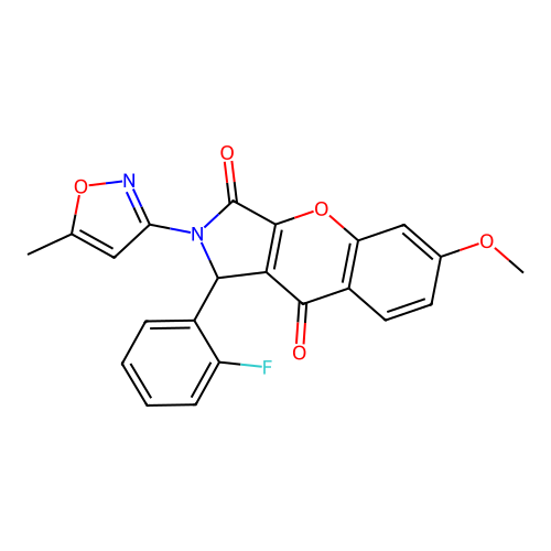 1-(2-fluorophenyl)-6-methoxy-2-(5-methyl-1,2-oxazol-3-yl)-1,2-dihydrochromeno[2,3-c]pyrrole-3,9-dione structure