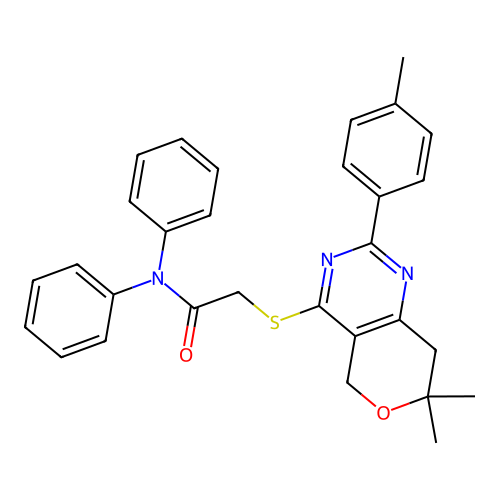 2-((7,7-dimethyl-2-(p-tolyl)-7,8-dihydro-5H-pyrano[4,3-d]pyrimidin-4-yl)thio)-N,N-diphenylacetamide structure