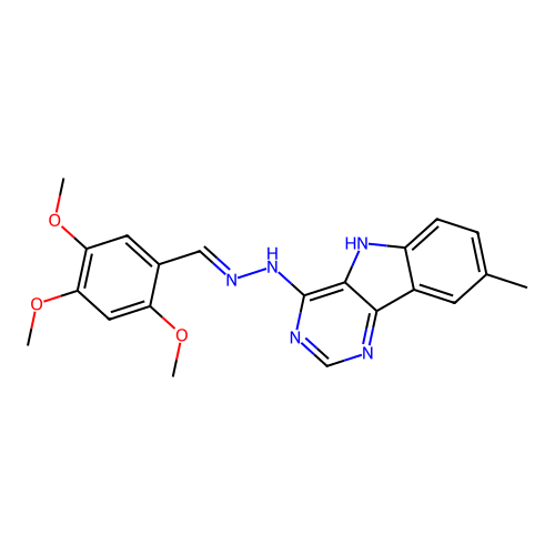 (E)-8-methyl-4-(2-(2,4,5-trimethoxybenzylidene)hydrazinyl)-5H-pyrimido[5,4-b]indole structure