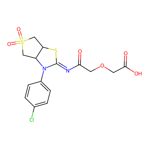 (2-{[(2Z)-3-(4-chlorophenyl)-5,5-dioxidotetrahydrothieno[3,4-d][1,3]thiazol-2(3H)-ylidene]amino}-2-oxoethoxy)acetic acid structure