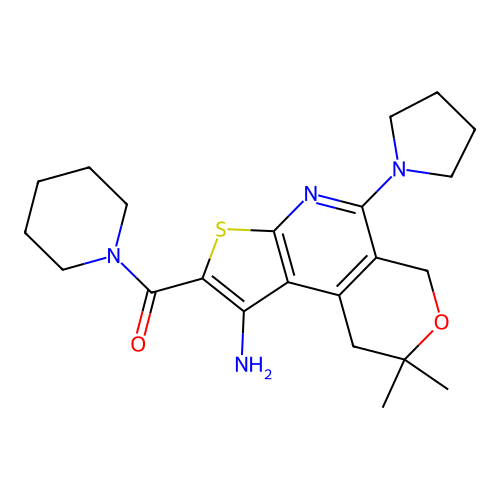 (1-amino-8,8-dimethyl-5-(pyrrolidin-1-yl)-8,9-dihydro-6H-pyrano[4,3-d]thieno[2,3-b]pyridin-2-yl)(piperidin-1-yl)methanone structure