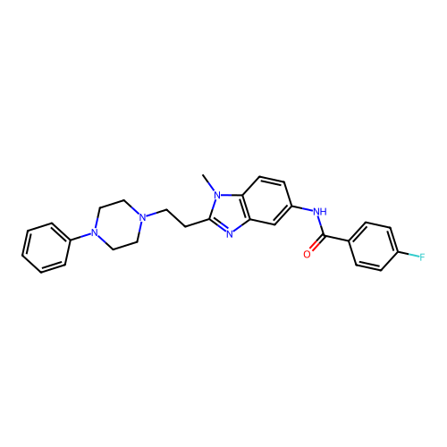 4-fluoro-N-[1-methyl-2-[2-(4-phenylpiperazin-1-yl)ethyl]benzimidazol-5-yl]benzamide structure
