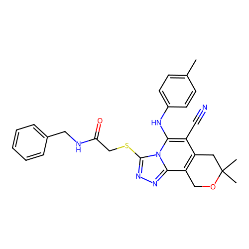 N-benzyl-2-((6-cyano-8,8-dimethyl-5-(p-tolylamino)-8,10-dihydro-7H-pyrano[3,4-c][1,2,4]triazolo[4,3-a]pyridin-3-yl)thio)acetamide structure