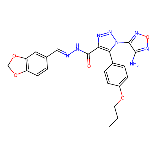 (E)-1-(4-amino-1,2,5-oxadiazol-3-yl)-N'-(benzo[d][1,3]dioxol-5-ylmethylene)-5-(4-propoxyphenyl)-1H-1,2,3-triazole-4-carbohydrazide structure
