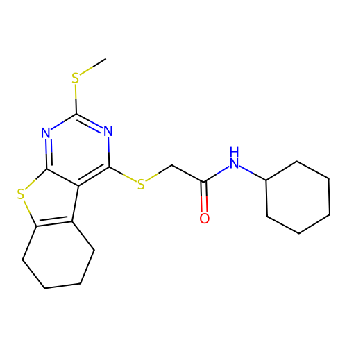 N-cyclohexyl-2-((2-(methylthio)-5,6,7,8-tetrahydrobenzo[4,5]thieno[2,3-d]pyrimidin-4-yl)thio)acetamide structure