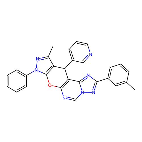 10-methyl-2-(3-methylphenyl)-8-phenyl-11-(pyridin-3-yl)-8,11-dihydropyrazolo[4',3':5,6]pyrano[3,2-e][1,2,4]triazolo[1,5-c]pyrimidine structure