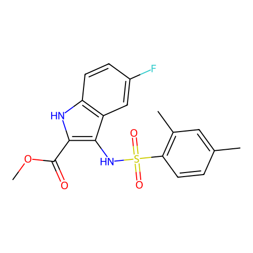 methyl 3-{[(2,4-dimethylphenyl)sulfonyl]amino}-5-fluoro-1H-indole-2-carboxylate structure