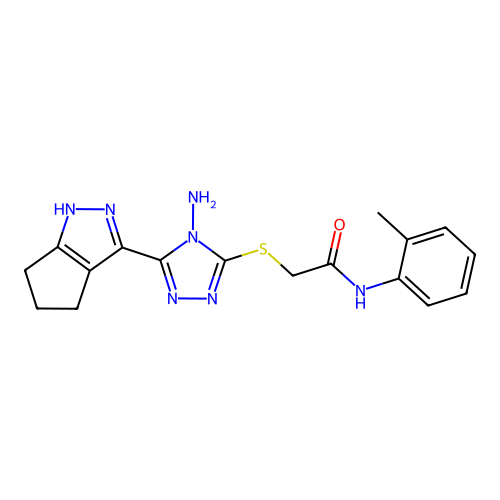 2-{[4-amino-5-(2,4,5,6-tetrahydrocyclopenta[c]pyrazol-3-yl)-4H-1,2,4-triazol-3-yl]sulfanyl}-N-(2-methylphenyl)acetamide structure