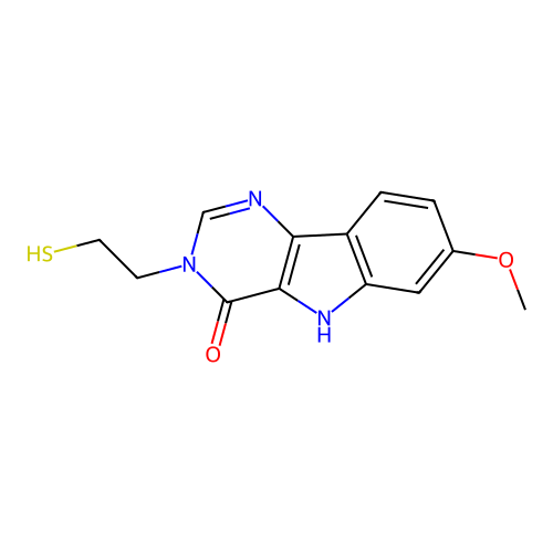 7-methoxy-3-(2-sulfanylethyl)-3,5-dihydro-4H-pyrimido[5,4-b]indol-4-one structure