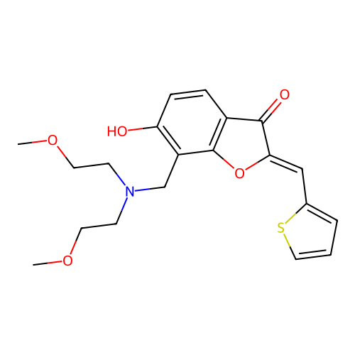 (Z)-7-((bis(2-methoxyethyl)amino)methyl)-6-hydroxy-2-(thiophen-2-ylmethylene)benzofuran-3(2H)-one structure