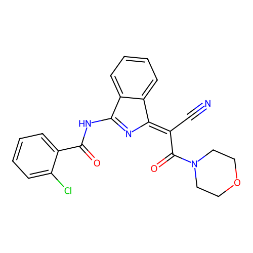 (Z)-2-chloro-N-(1-(1-cyano-2-morpholino-2-oxoethylidene)-1H-isoindol-3-yl)benzamide structure