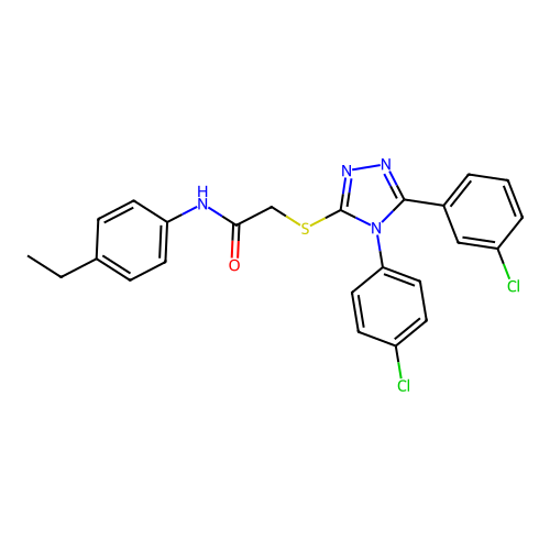 2-[[5-(3-chlorophenyl)-4-(4-chlorophenyl)-1,2,4-triazol-3-yl]sulfanyl]-N-(4-ethylphenyl)acetamide structure