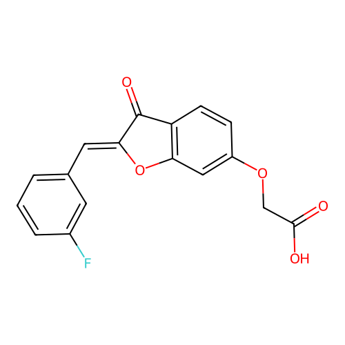 (Z)-2-((2-(3-fluorobenzylidene)-3-oxo-2,3-dihydrobenzofuran-6-yl)oxy)acetic acid structure