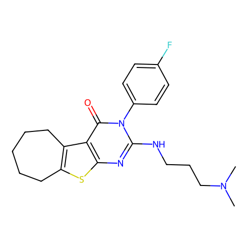 2-((3-(dimethylamino)propyl)amino)-3-(4-fluorophenyl)-6,7,8,9-tetrahydro-3H-cyclohepta[4,5]thieno[2,3-d]pyrimidin-4(5H)-one structure