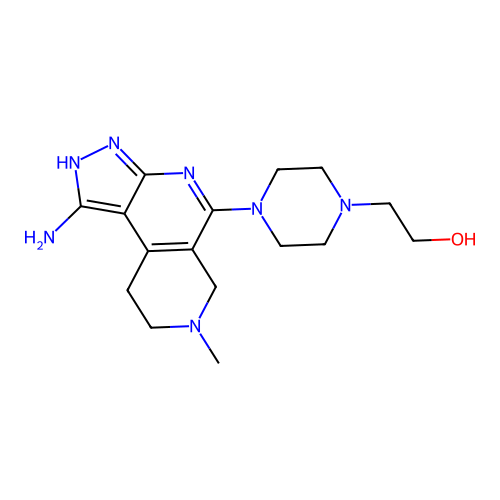 2-(4-(1-amino-7-methyl-6,7,8,9-tetrahydro-3H-pyrazolo[3,4-c][2,7]naphthyridin-5-yl)piperazin-1-yl)ethanol structure