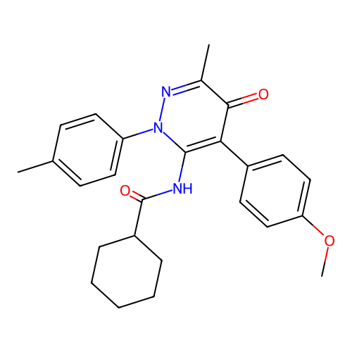N-(4-(4-methoxyphenyl)-6-methyl-5-oxo-2-(p-tolyl)-2,5-dihydropyridazin-3-yl)cyclohexanecarboxamide structure