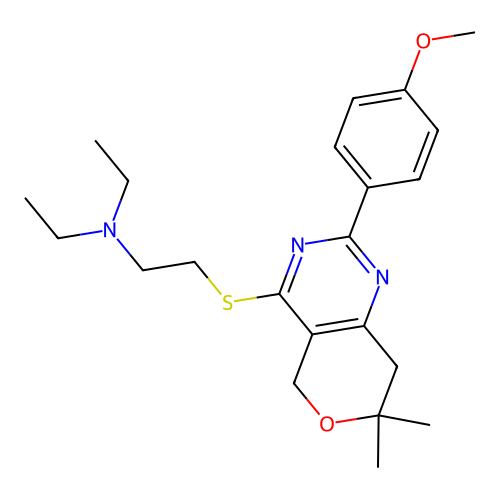 N,N-diethyl-2-((2-(4-methoxyphenyl)-7,7-dimethyl-7,8-dihydro-5H-pyrano[4,3-d]pyrimidin-4-yl)thio)ethanamine structure