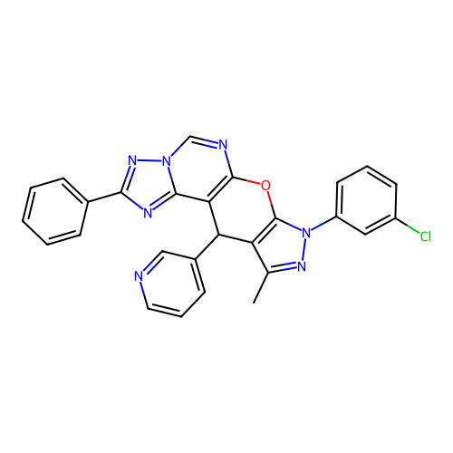 8-(3-chlorophenyl)-10-methyl-2-phenyl-11-(pyridin-3-yl)-8,11-dihydropyrazolo[4',3':5,6]pyrano[3,2-e][1,2,4]triazolo[1,5-c]pyrimidine structure