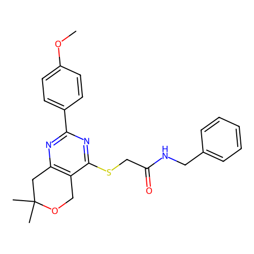 N-benzyl-2-((2-(4-methoxyphenyl)-7,7-dimethyl-7,8-dihydro-5H-pyrano[4,3-d]pyrimidin-4-yl)thio)acetamide structure