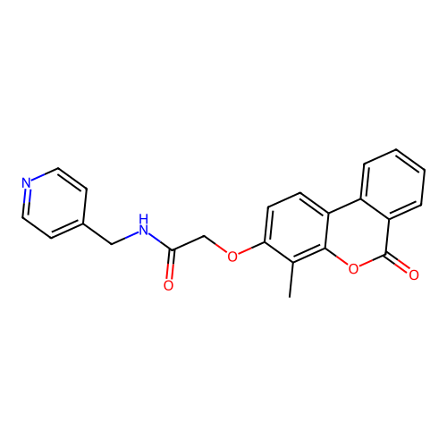 2-((4-methyl-6-oxo-6H-benzo[c]chromen-3-yl)oxy)-N-(pyridin-4-ylmethyl)acetamide structure