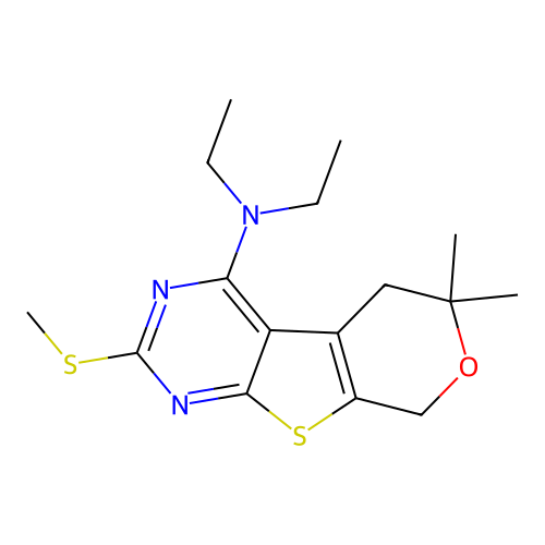 N,N-diethyl-6,6-dimethyl-2-(methylsulfanyl)-5,8-dihydro-6H-pyrano[4',3':4,5]thieno[2,3-d]pyrimidin-4-amine structure