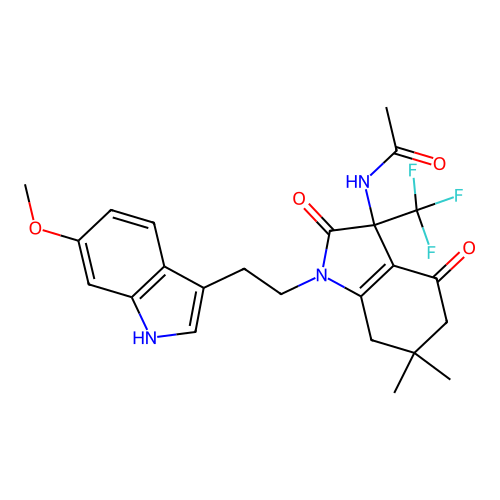 N-(1-(2-(6-methoxy-1H-indol-3-yl)ethyl)-6,6-dimethyl-2,4-dioxo-3-(trifluoromethyl)-2,3,4,5,6,7-hexahydro-1H-indol-3-yl)acetamide structure