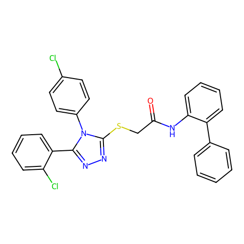 2-[[5-(2-chlorophenyl)-4-(4-chlorophenyl)-1,2,4-triazol-3-yl]sulfanyl]-N-(2-phenylphenyl)acetamide structure