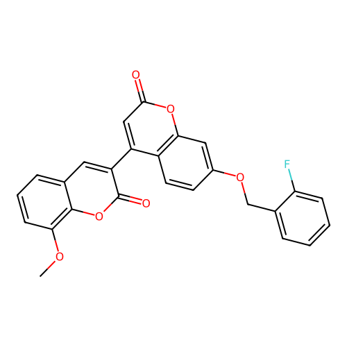 7'-[(2-fluorobenzyl)oxy]-8-methoxy-2H,2'H-3,4'-bichromene-2,2'-dione structure