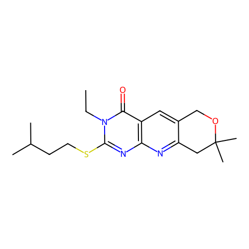 3-ethyl-2-(isopentylthio)-8,8-dimethyl-8,9-dihydro-3H-pyrano[3',4':5,6]pyrido[2,3-d]pyrimidin-4(6H)-one structure