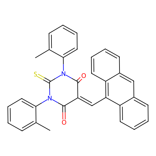 5-(anthracen-9-ylmethylidene)-1,3-bis(2-methylphenyl)-2-sulfanylidene-1,3-diazinane-4,6-dione structure